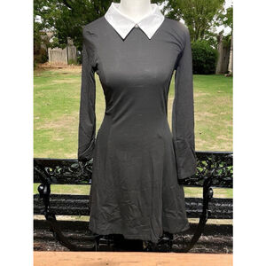 XS Wednesday Addams long sleeve black & white mini dress goth witchy Halloween